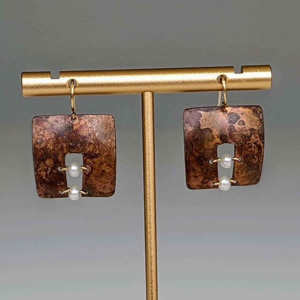 Burnished Copper Square Earrings with Pearls
